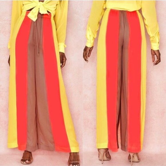 NWT House of CB Margot Wide Leg Stripe Pants XS Yellow Neon Coral Sheer Cover Up - Picture 3 of 11